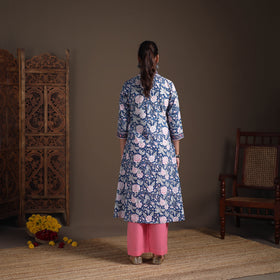 Floral Sanganeri Block Print Cotton A-Line Long Kurta for Women 10