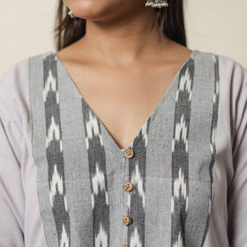 Grey Jhiri Handloom Cotton Ikat Patchwork A-Line Long Kurta