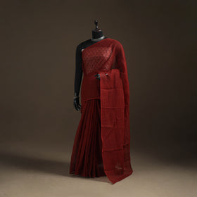 Maroon - Nazaakat Kota Doria Cotton Plain Saree with Blouse Piece & Earrings 13