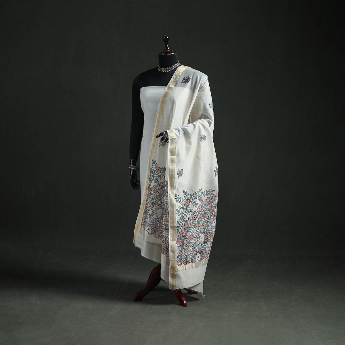 Handloom Chanderi Silk Handpainted Madhubani Dupatta with Zari Border 39