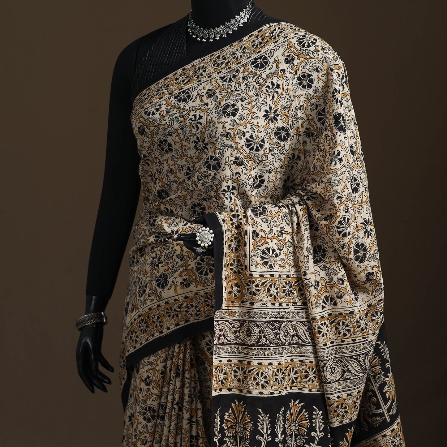Pedana Hand Block Print Natural Dyed Cotton Kalamkari Saree 06