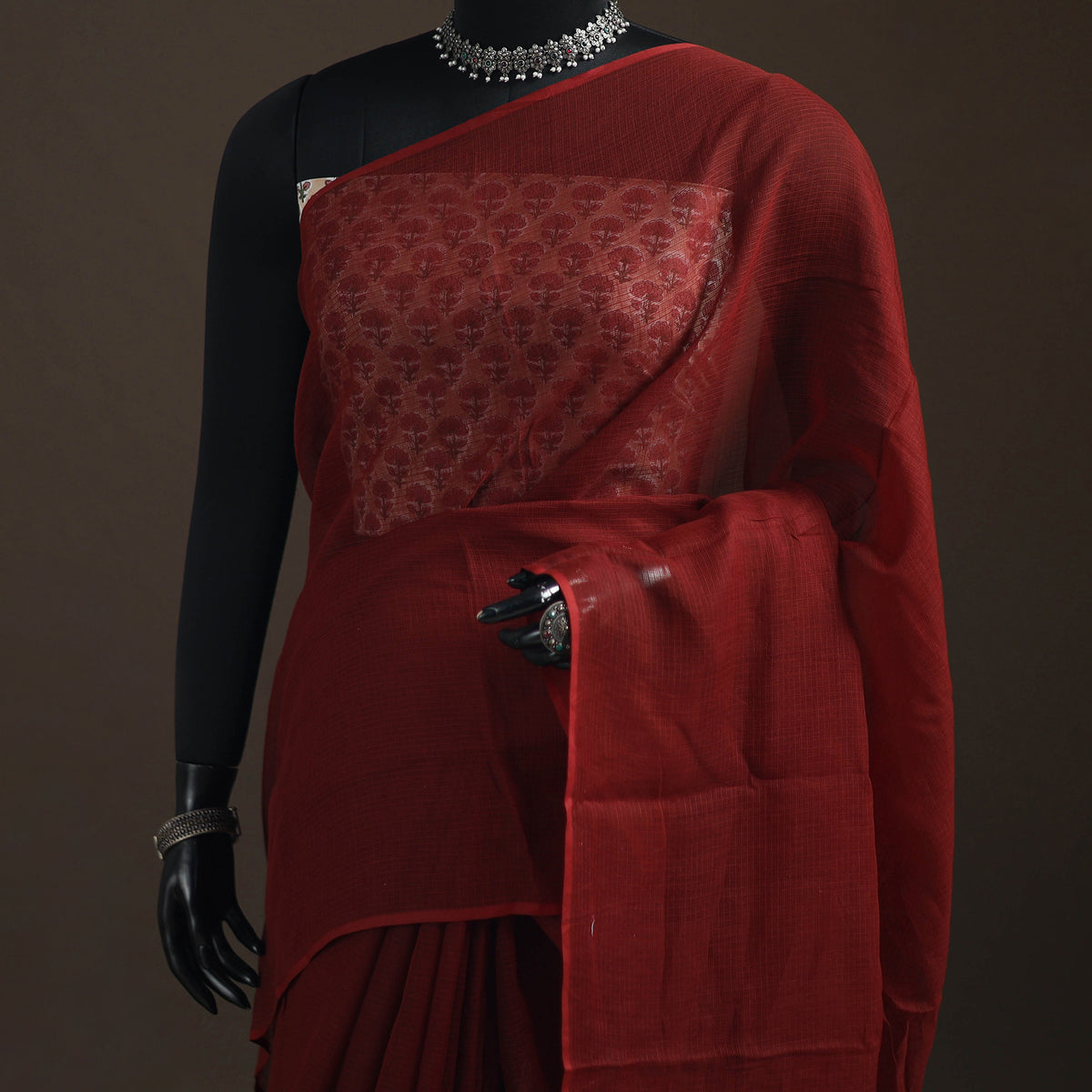 Maroon - Nazaakat Kota Doria Cotton Plain Saree with Blouse Piece & Earrings 13