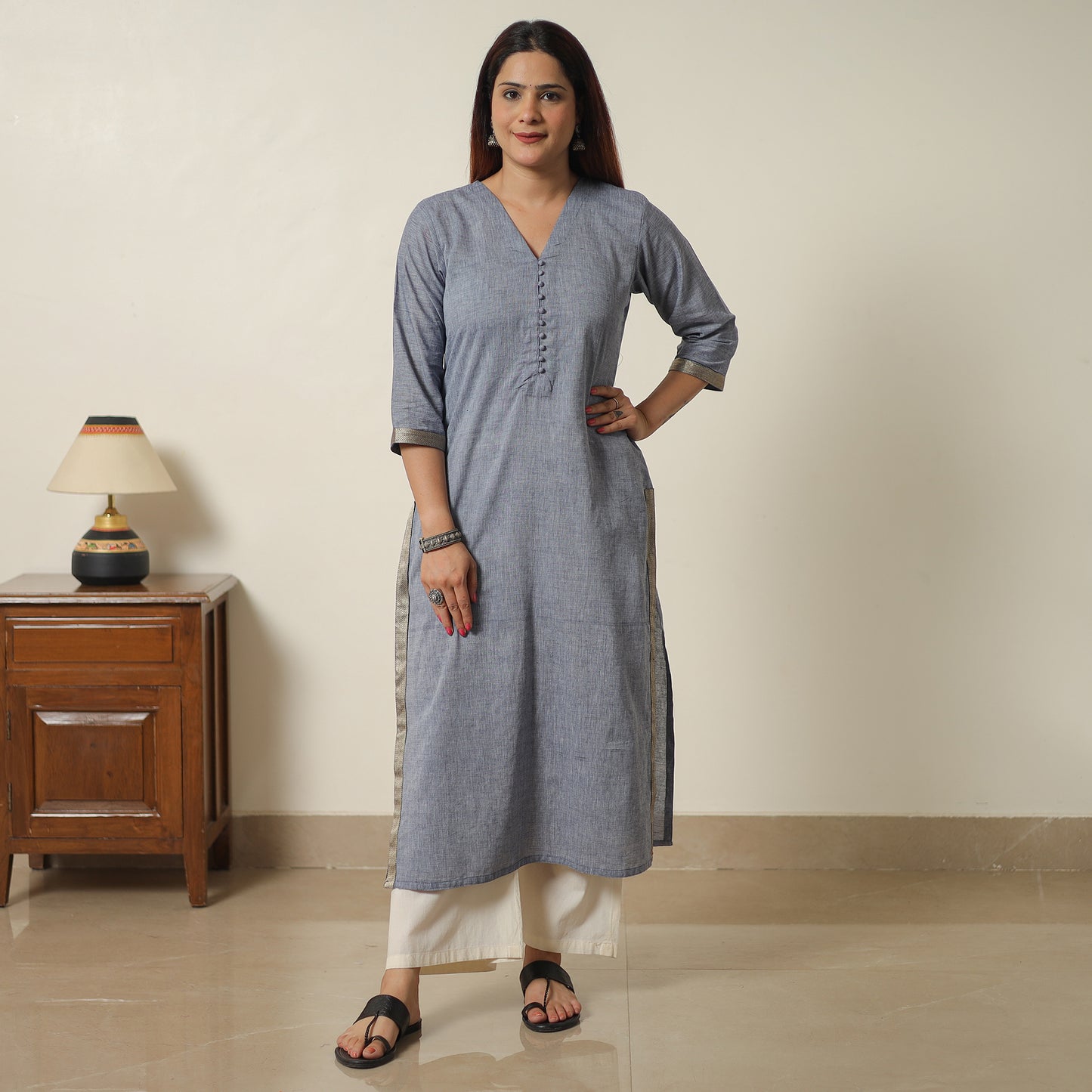 Grey - Dharwad Cotton Long Straight Kurta 11