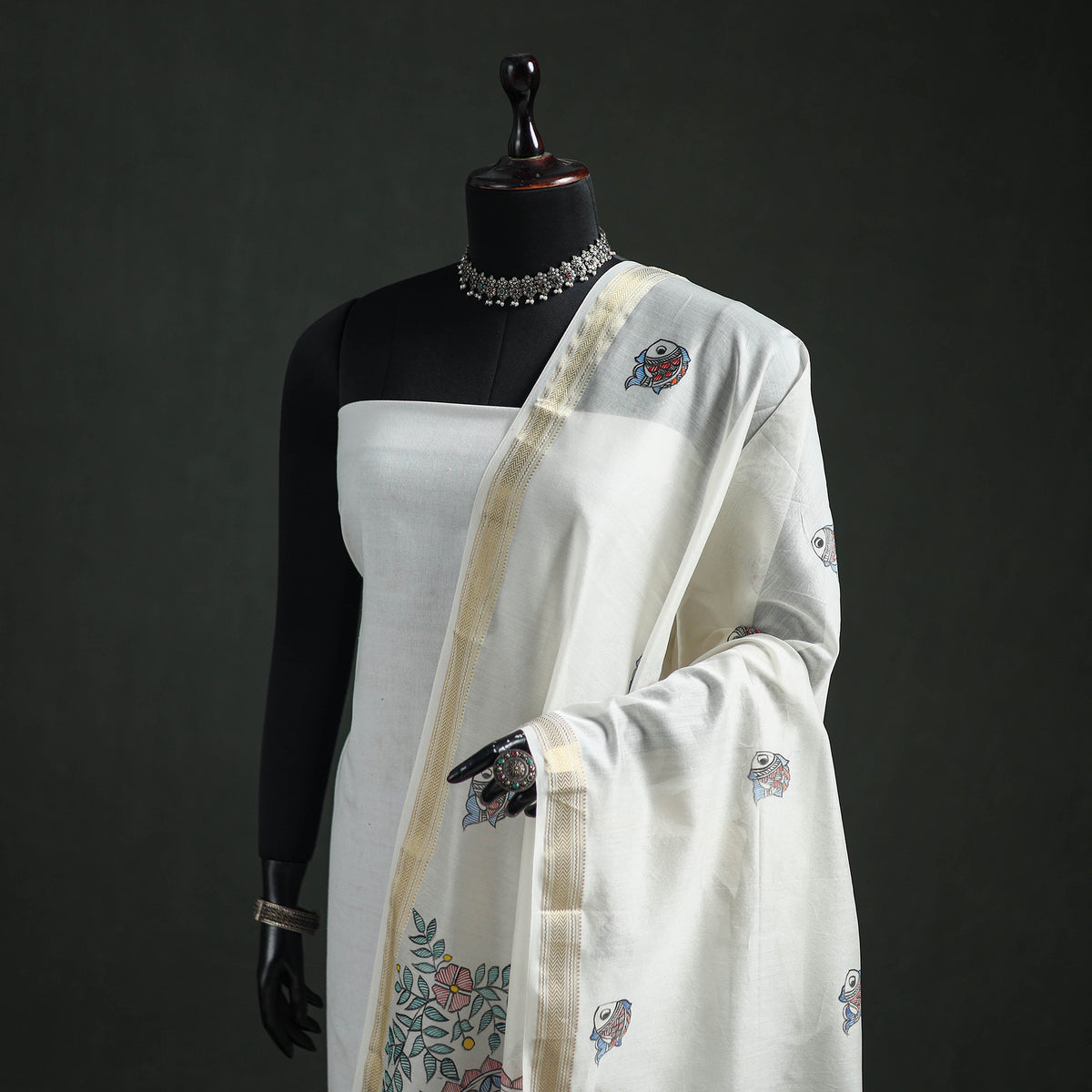 Handloom Chanderi Silk Handpainted Madhubani Dupatta with Zari Border 39