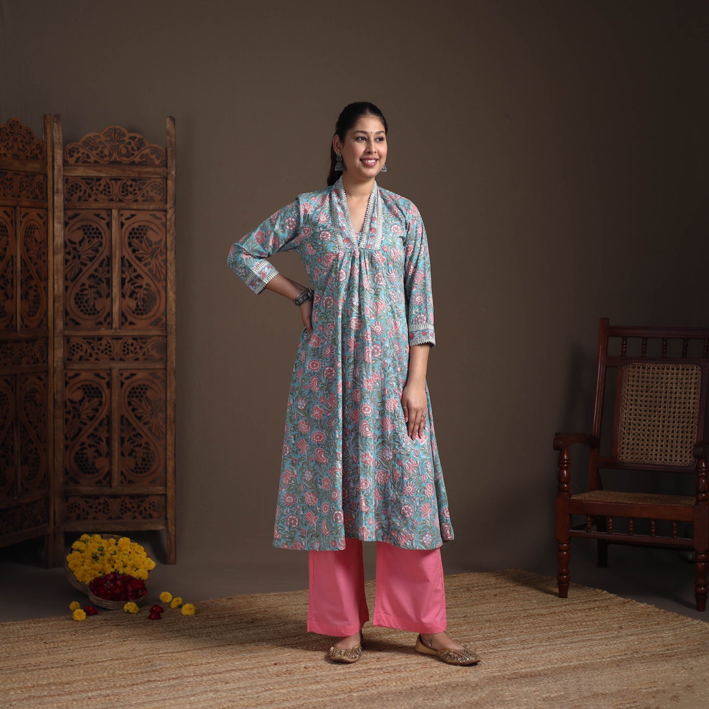 Floral Sanganeri Block Print Cotton A-Line Long Kurta for Women 09