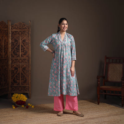 Floral Sanganeri Block Print Cotton A-Line Long Kurta for Women 09