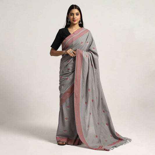 Grey Cotton Saree with Red & Grey Buti on Anchal