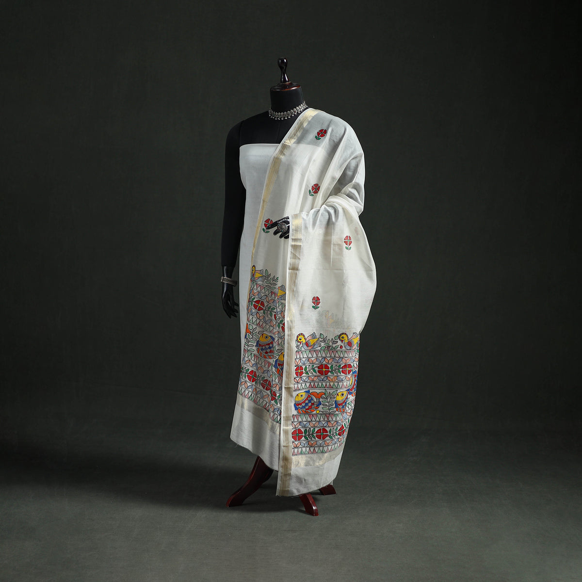 Handloom Chanderi Silk Handpainted Madhubani Dupatta with Zari Border 40