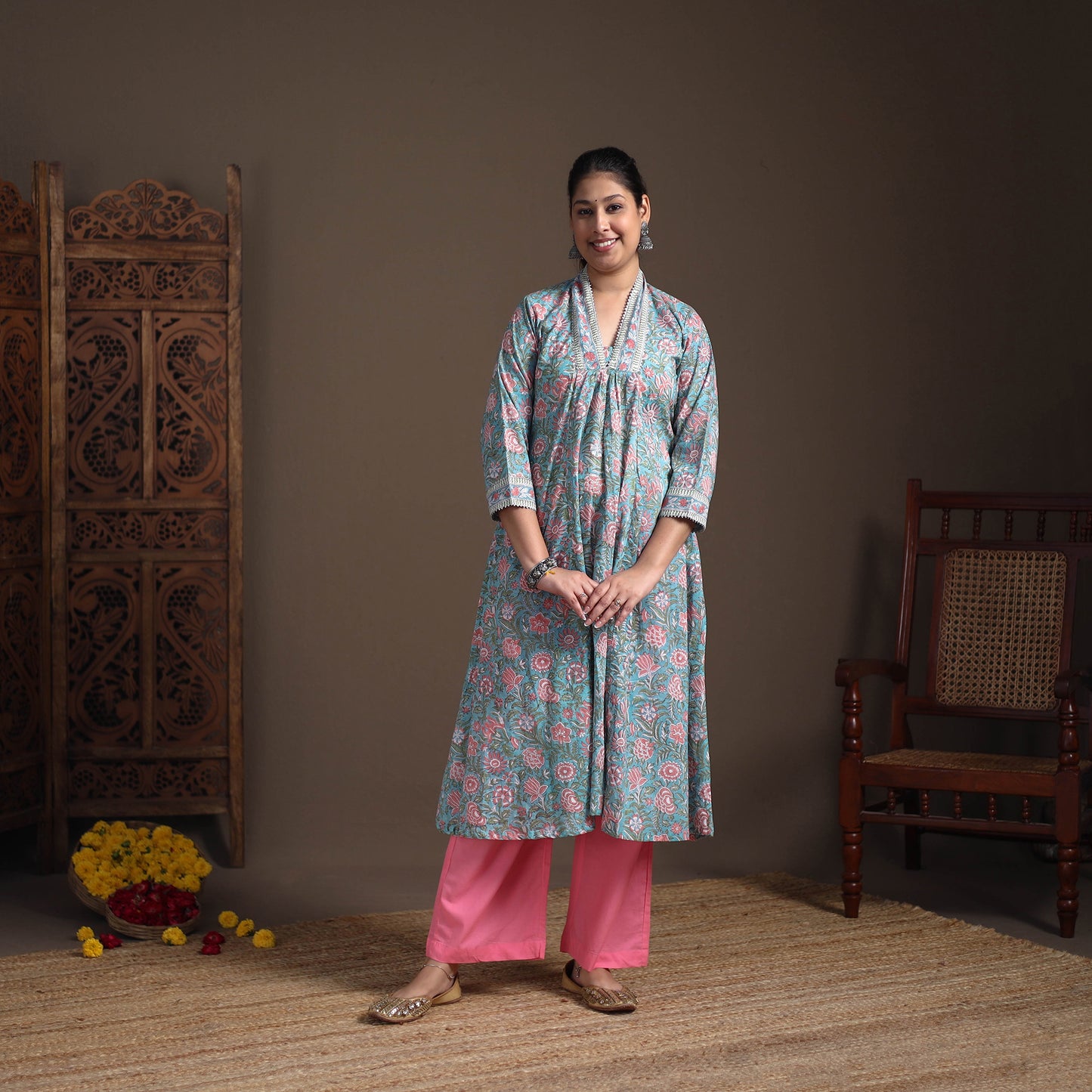 Floral Sanganeri Block Print Cotton A-Line Long Kurta for Women 09
