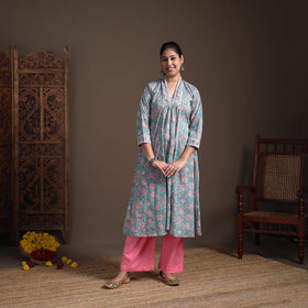 Floral Sanganeri Block Print Cotton A-Line Long Kurta for Women 09