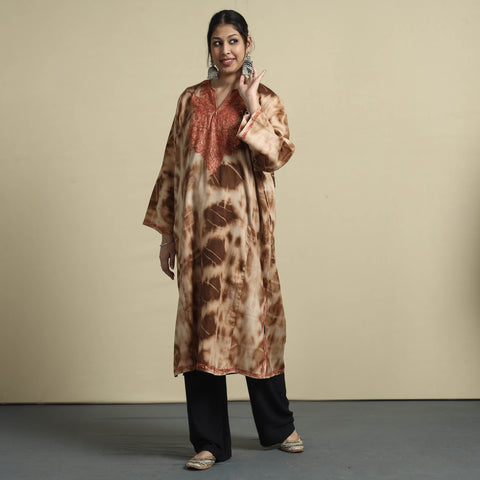 Brown - Shibori Tie-Dye Aari Embroidery Kashmiri Wool Pheran