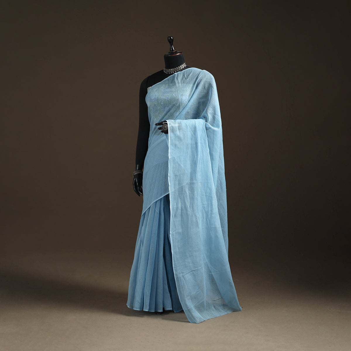 Blue - Nazaakat Kota Doria Cotton Plain Saree with Blouse Piece & Earrings 14