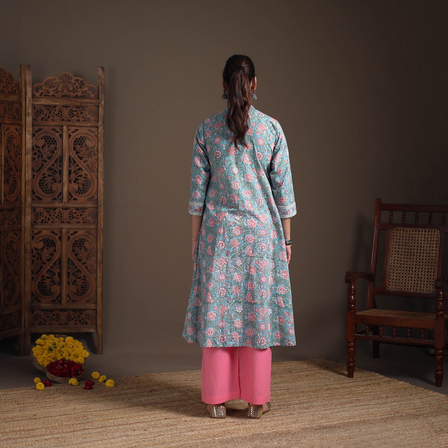 Floral Sanganeri Block Print Cotton A-Line Long Kurta for Women 09