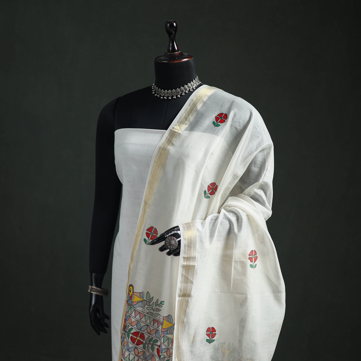 Handloom Chanderi Silk Handpainted Madhubani Dupatta with Zari Border 40