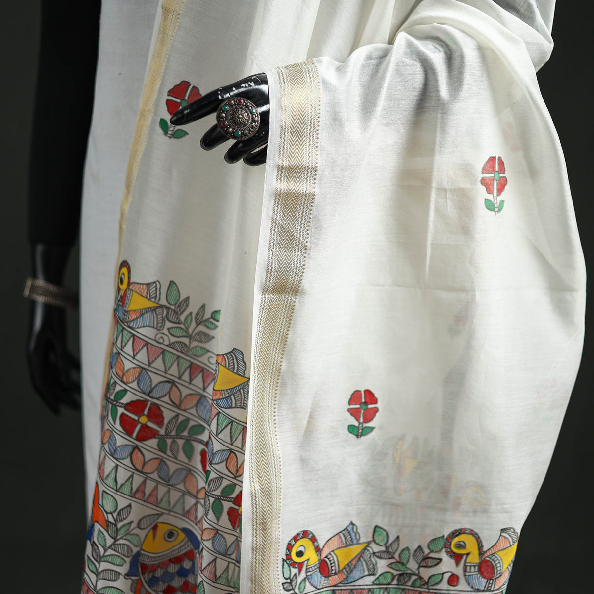 Handloom Chanderi Silk Handpainted Madhubani Dupatta with Zari Border 40