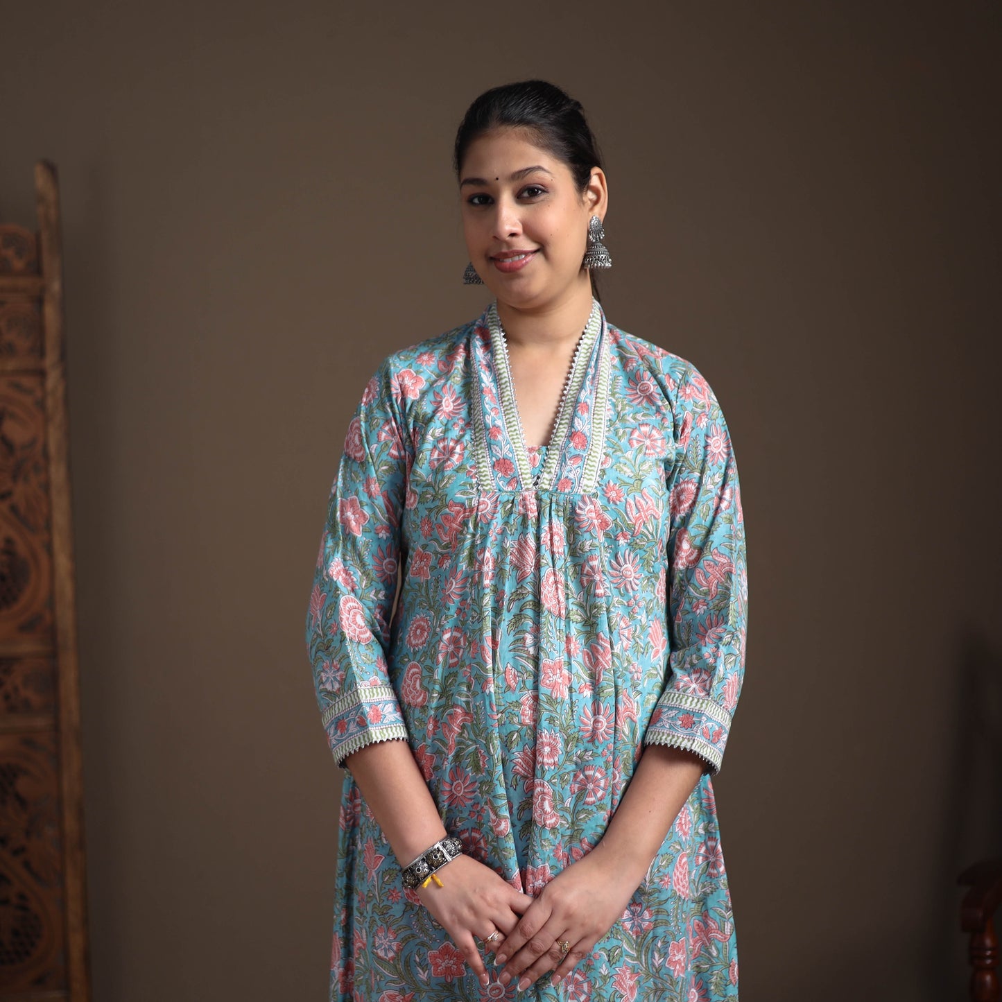 Floral Sanganeri Block Print Cotton A-Line Long Kurta for Women 09