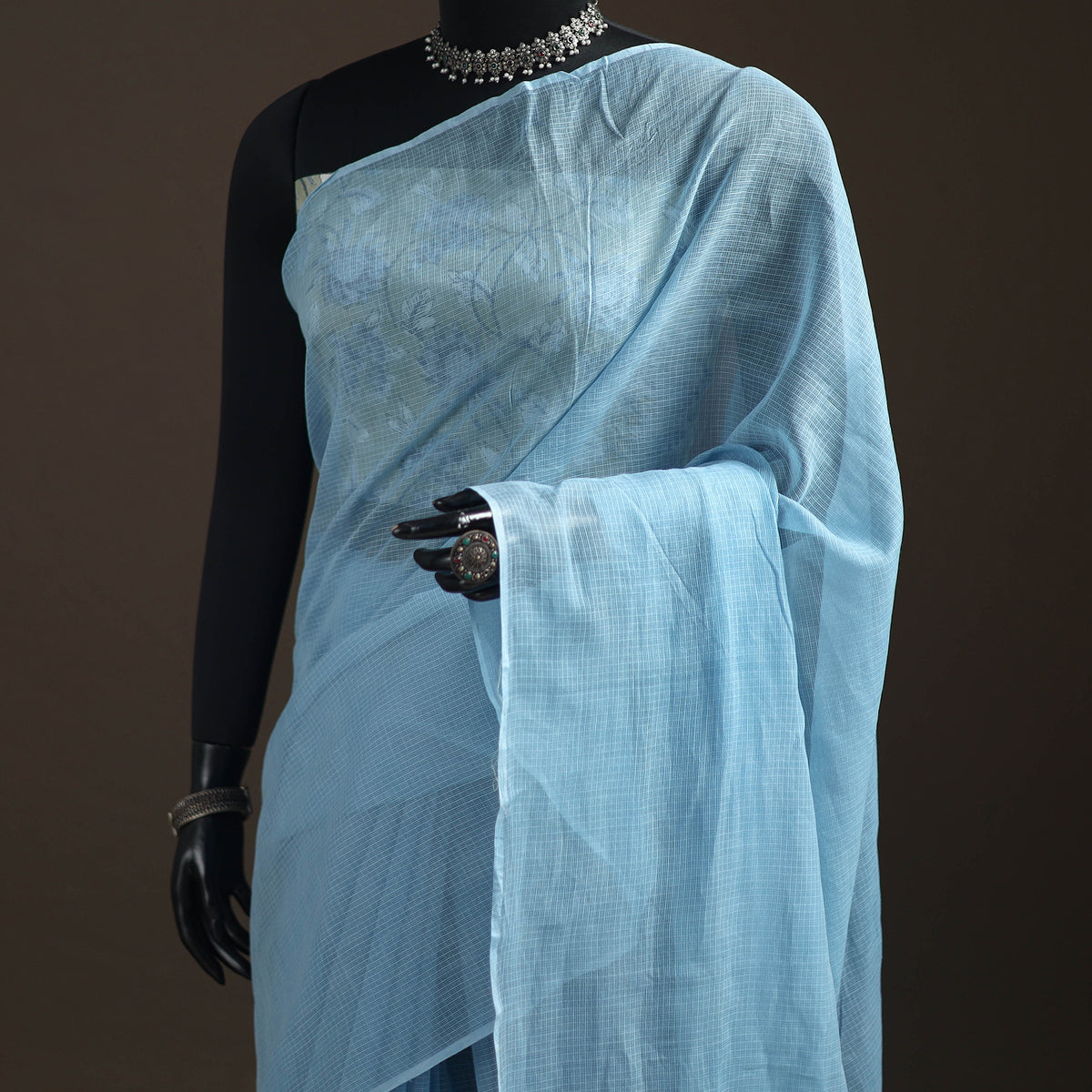Blue - Nazaakat Kota Doria Cotton Plain Saree with Blouse Piece & Earrings 14
