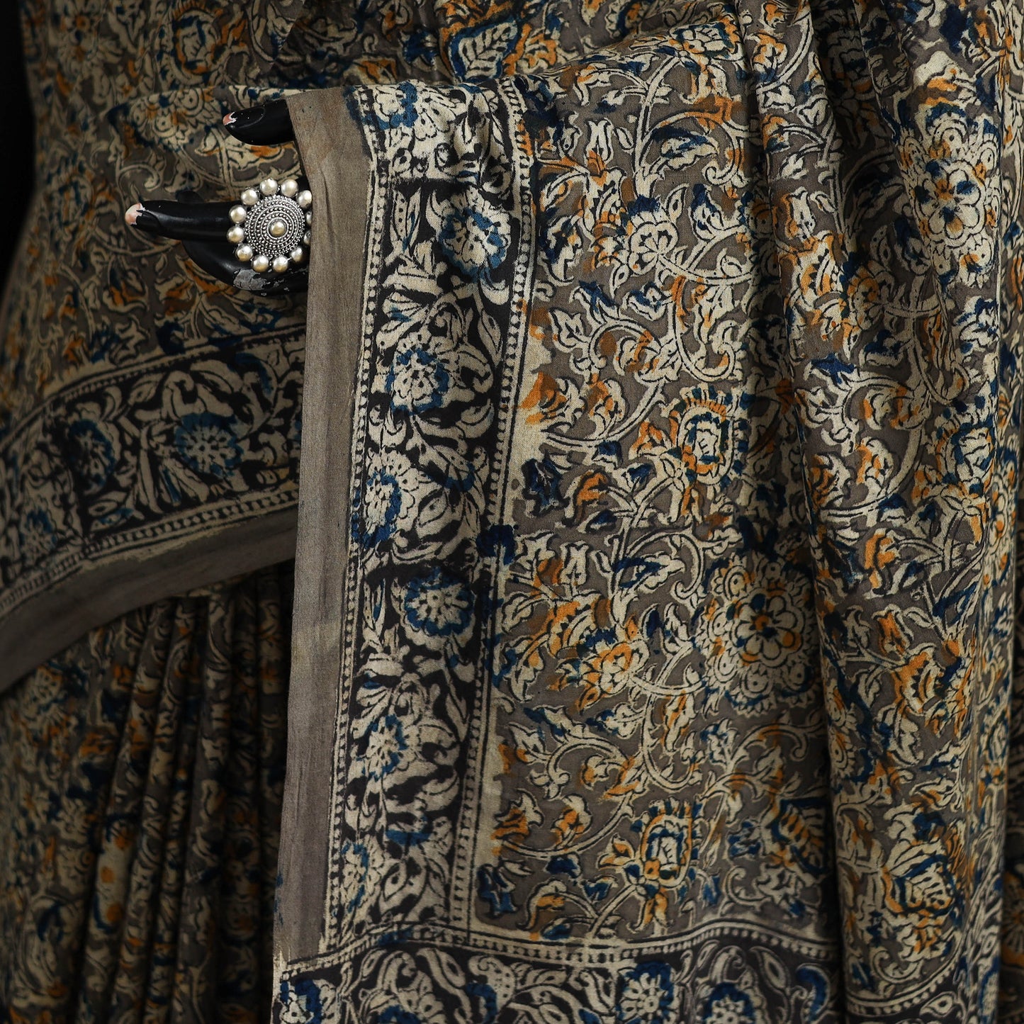 Pedana Hand Block Print Natural Dyed Cotton Kalamkari Saree 07