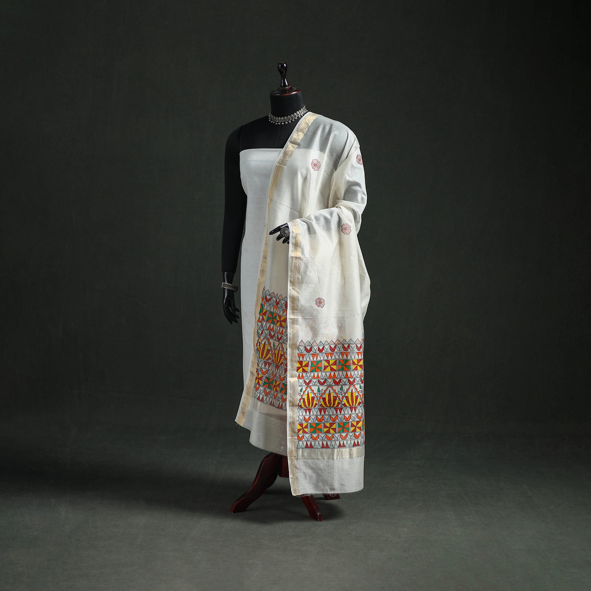 Handloom Chanderi Silk Handpainted Madhubani Dupatta with Zari Border 41
