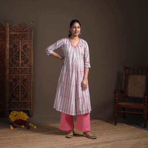 Gota Work Floral Sanganeri Block Print Cotton A-Line Long Kurta for Women 14