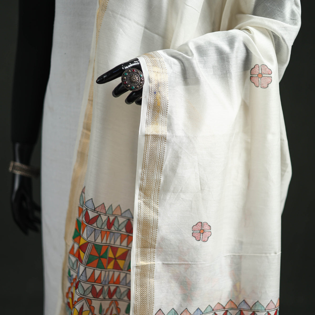 Handloom Chanderi Silk Handpainted Madhubani Dupatta with Zari Border 41