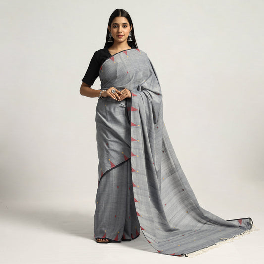 Grey - Blue Saree with Red Temple Extra Weft on Body