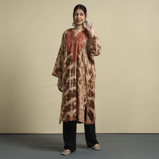 Brown - Shibori Tie-Dye Aari Embroidery Kashmiri Wool Pheran