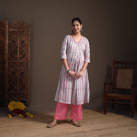 Gota Work Floral Sanganeri Block Print Cotton A-Line Long Kurta for Women 14