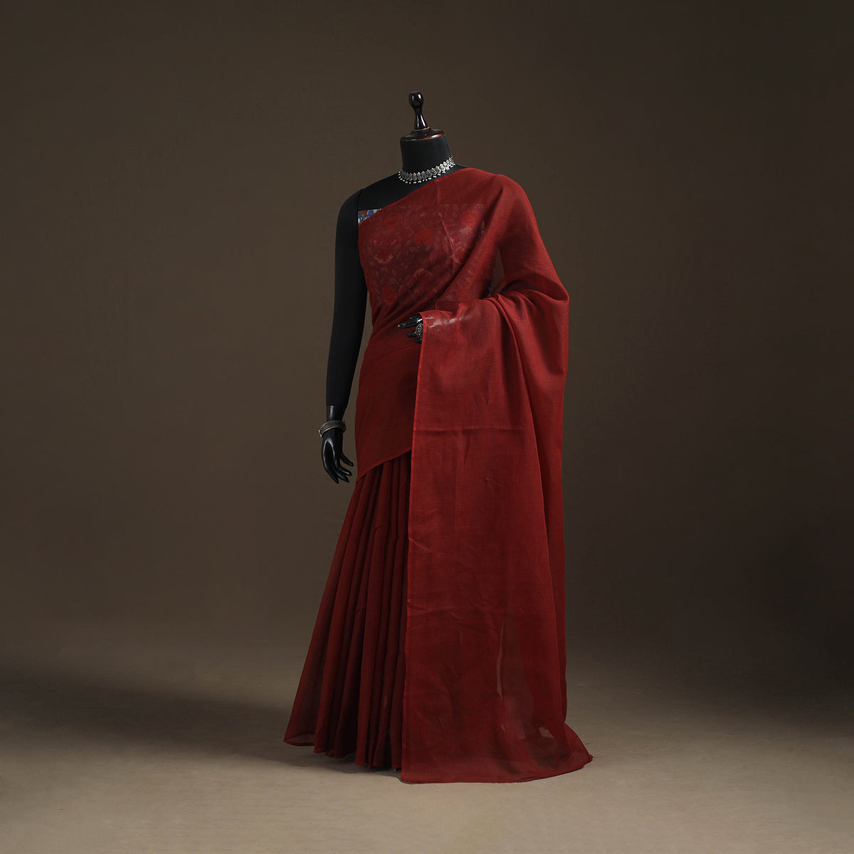 Maroon - Nazaakat Kota Doria Cotton Plain Saree with Blouse Piece & Earrings 15