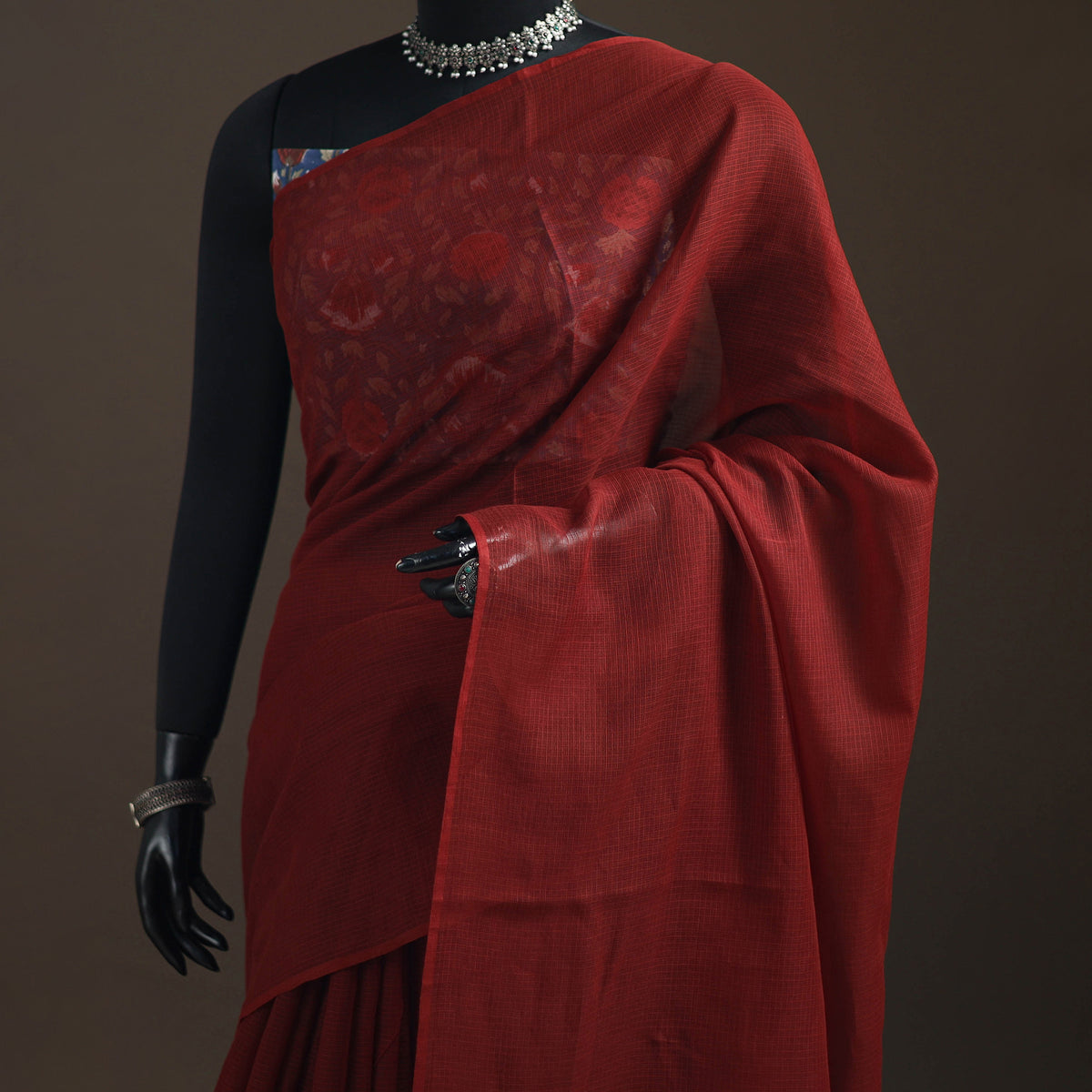 Maroon - Nazaakat Kota Doria Cotton Plain Saree with Blouse Piece & Earrings 15