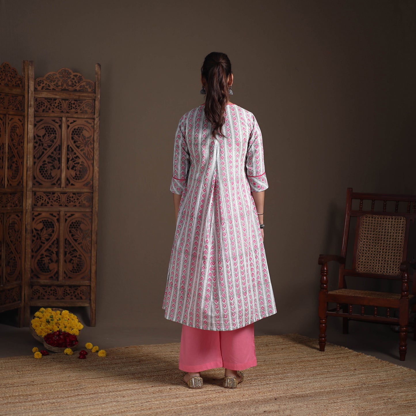 Gota Work Floral Sanganeri Block Print Cotton A-Line Long Kurta for Women 14