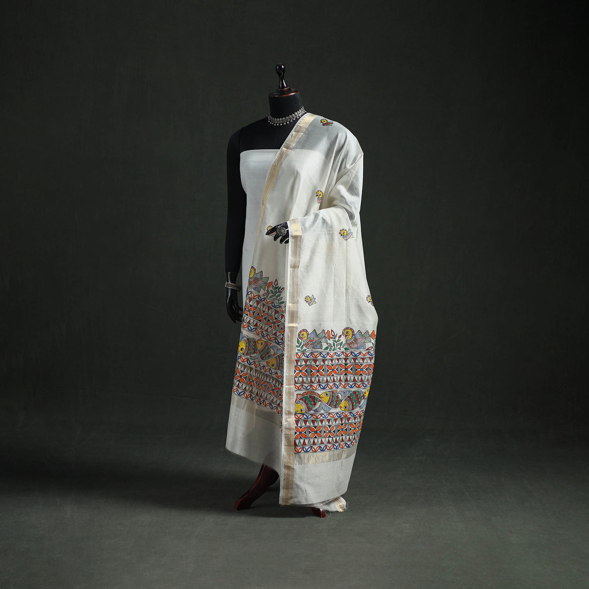 Handloom Chanderi Silk Handpainted Madhubani Dupatta with Zari Border 42