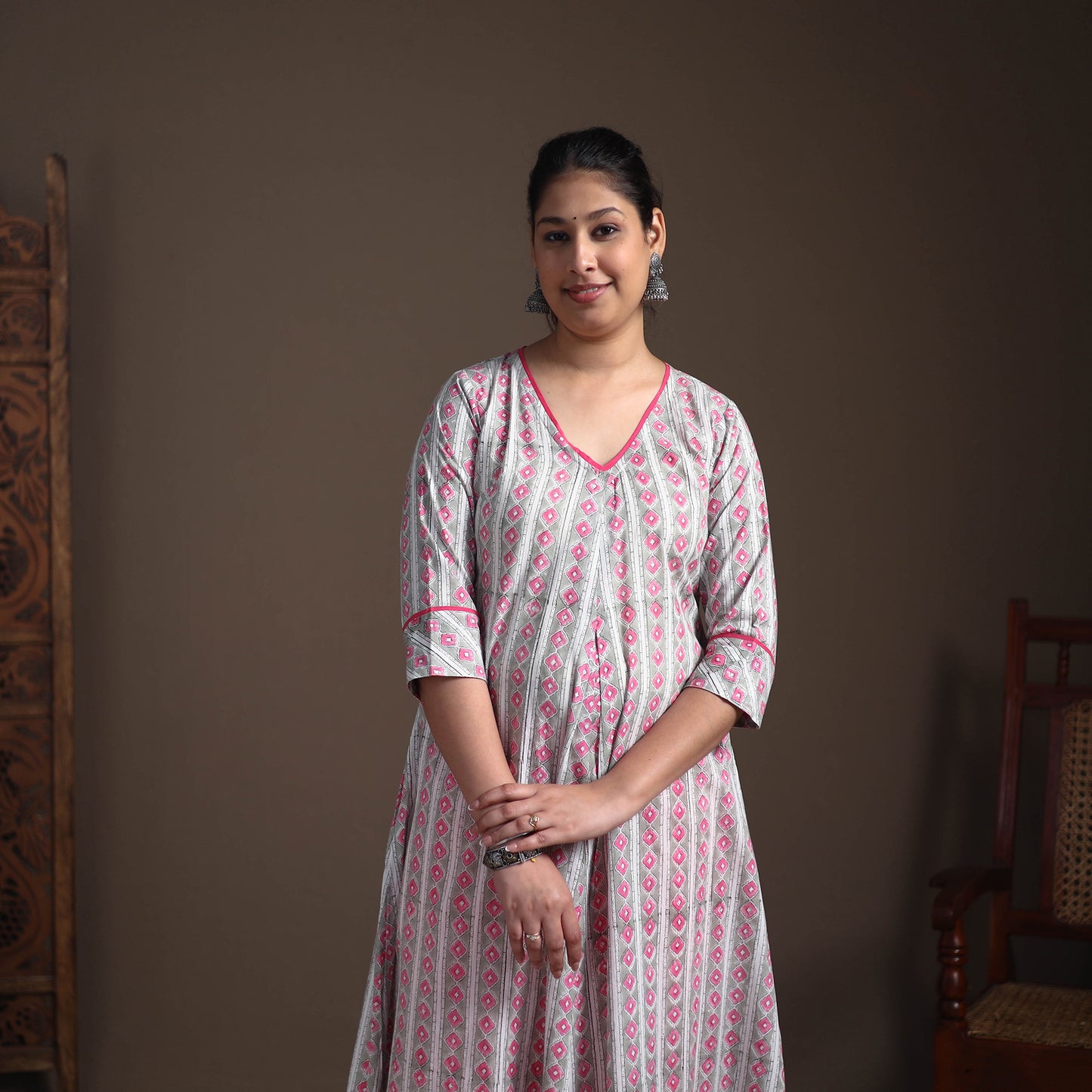 Gota Work Floral Sanganeri Block Print Cotton A-Line Long Kurta for Women 14