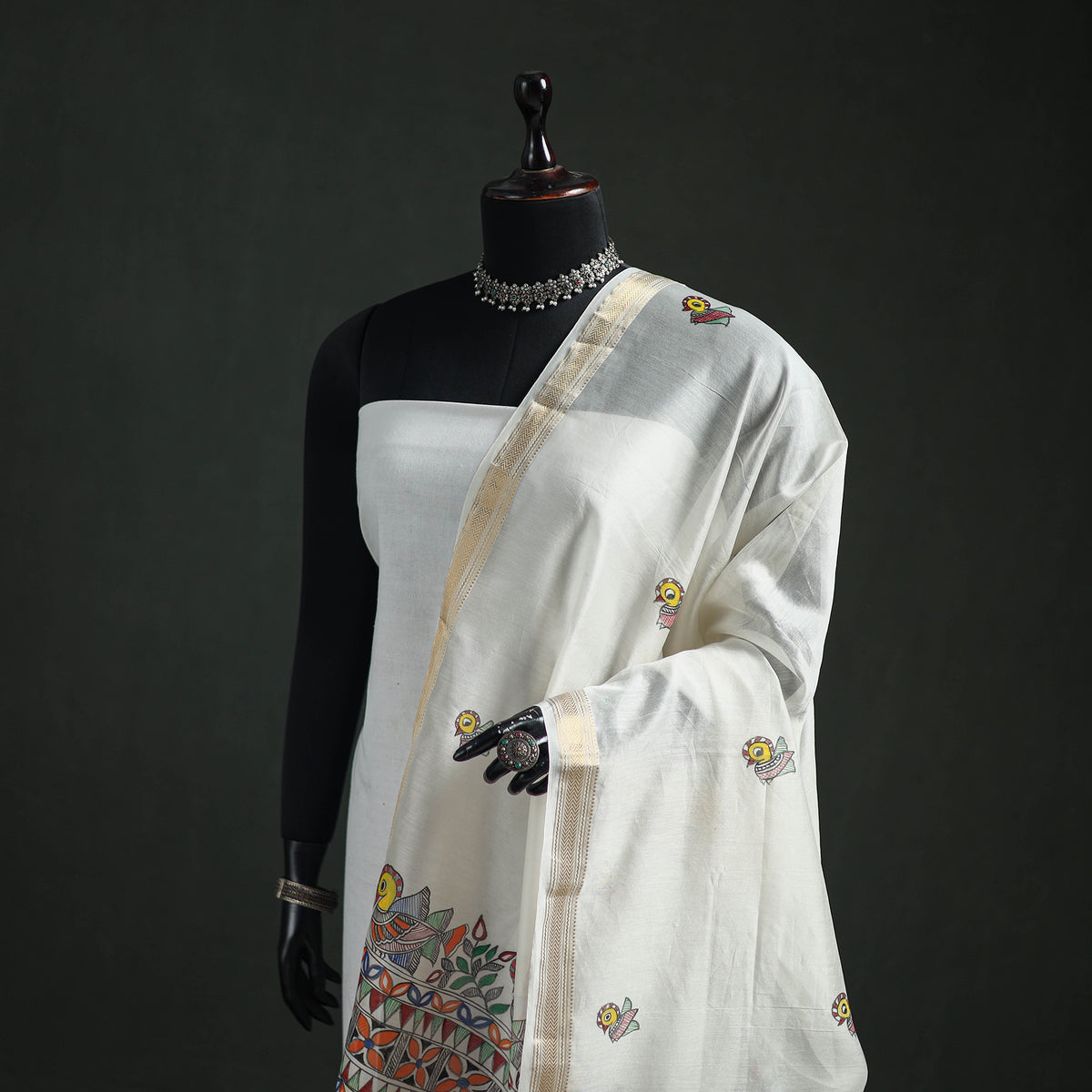 Handloom Chanderi Silk Handpainted Madhubani Dupatta with Zari Border 42