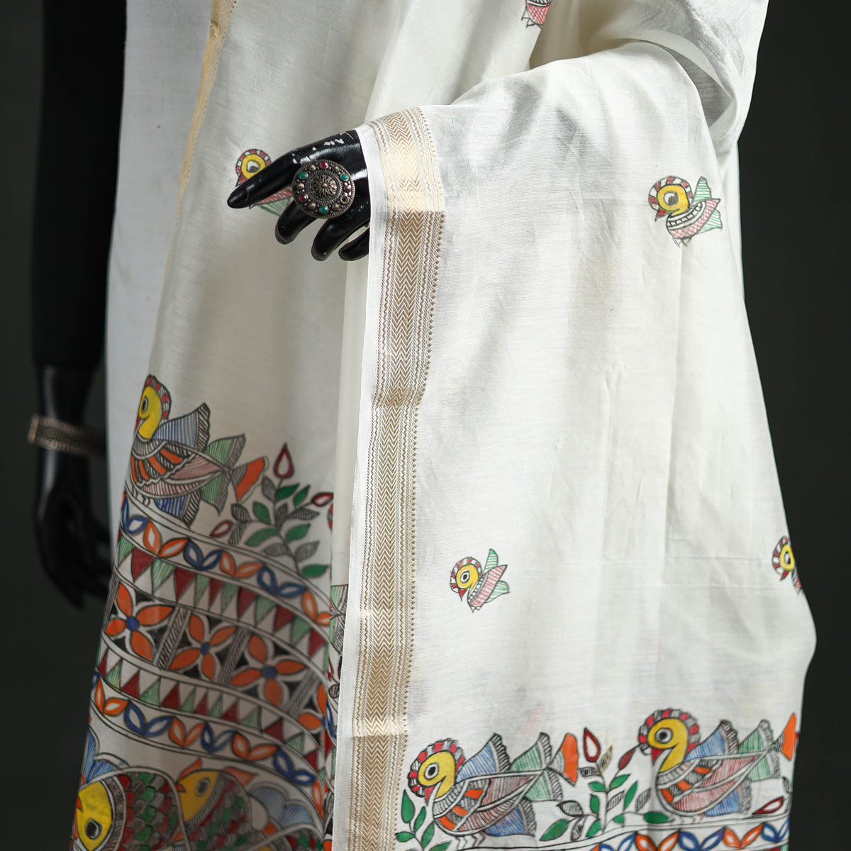 Handloom Chanderi Silk Handpainted Madhubani Dupatta with Zari Border 42