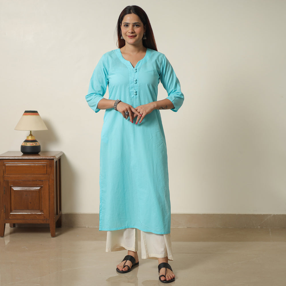 Mint Blue - Plain Cotton Long Straight Kurta 04