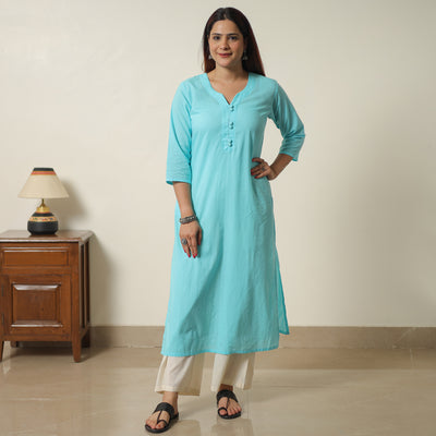 Mint Blue - Plain Cotton Long Straight Kurta 04