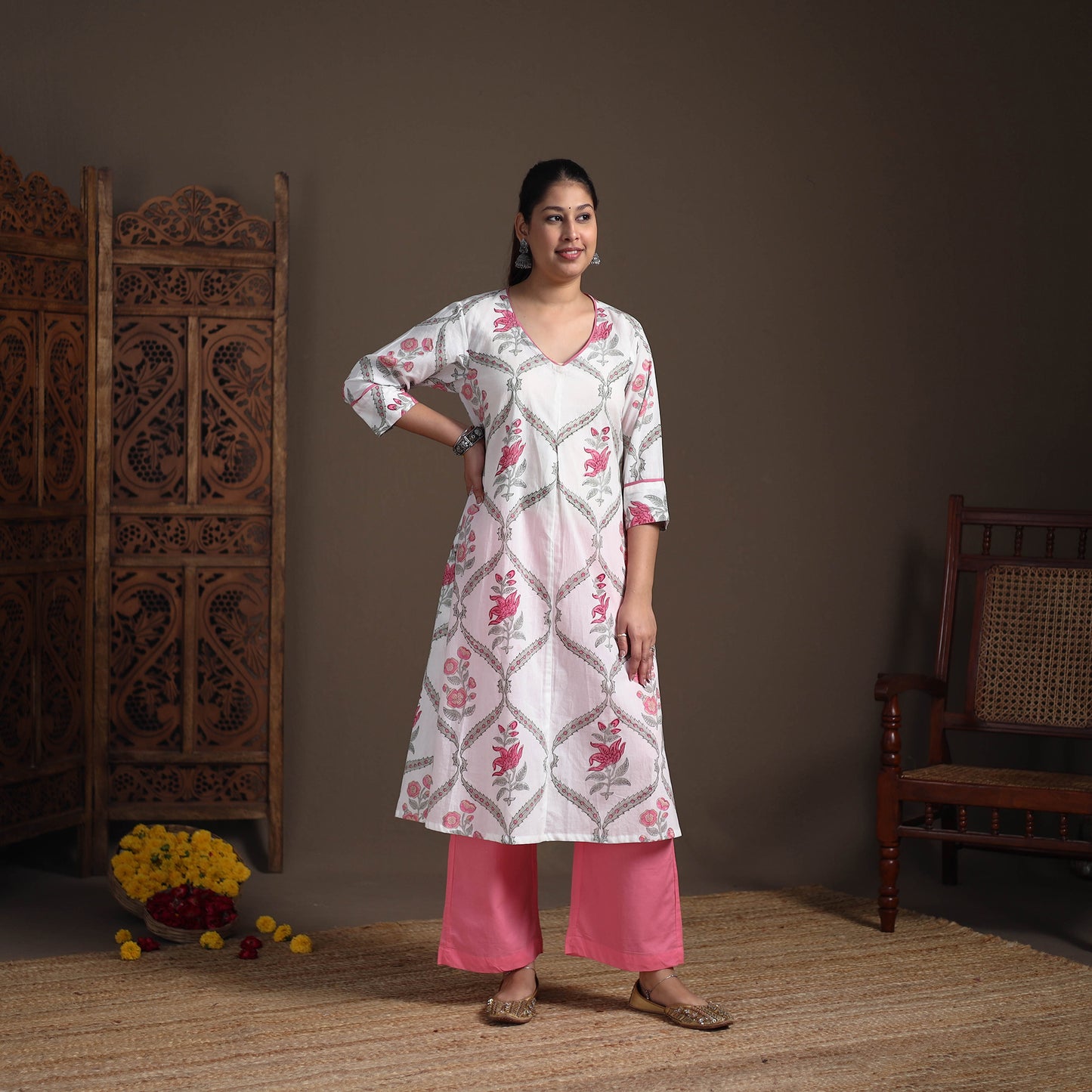Gota Work Floral Sanganeri Block Print Cotton A-Line Long Kurta for Women 15
