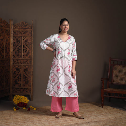 Gota Work Floral Sanganeri Block Print Cotton A-Line Long Kurta for Women 15