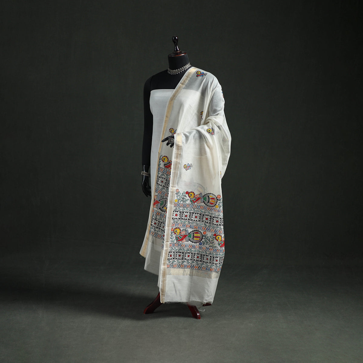 Handloom Chanderi Silk Handpainted Madhubani Dupatta with Zari Border 43