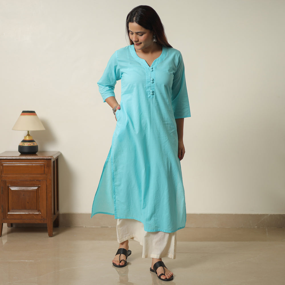 Mint Blue - Plain Cotton Long Straight Kurta 04