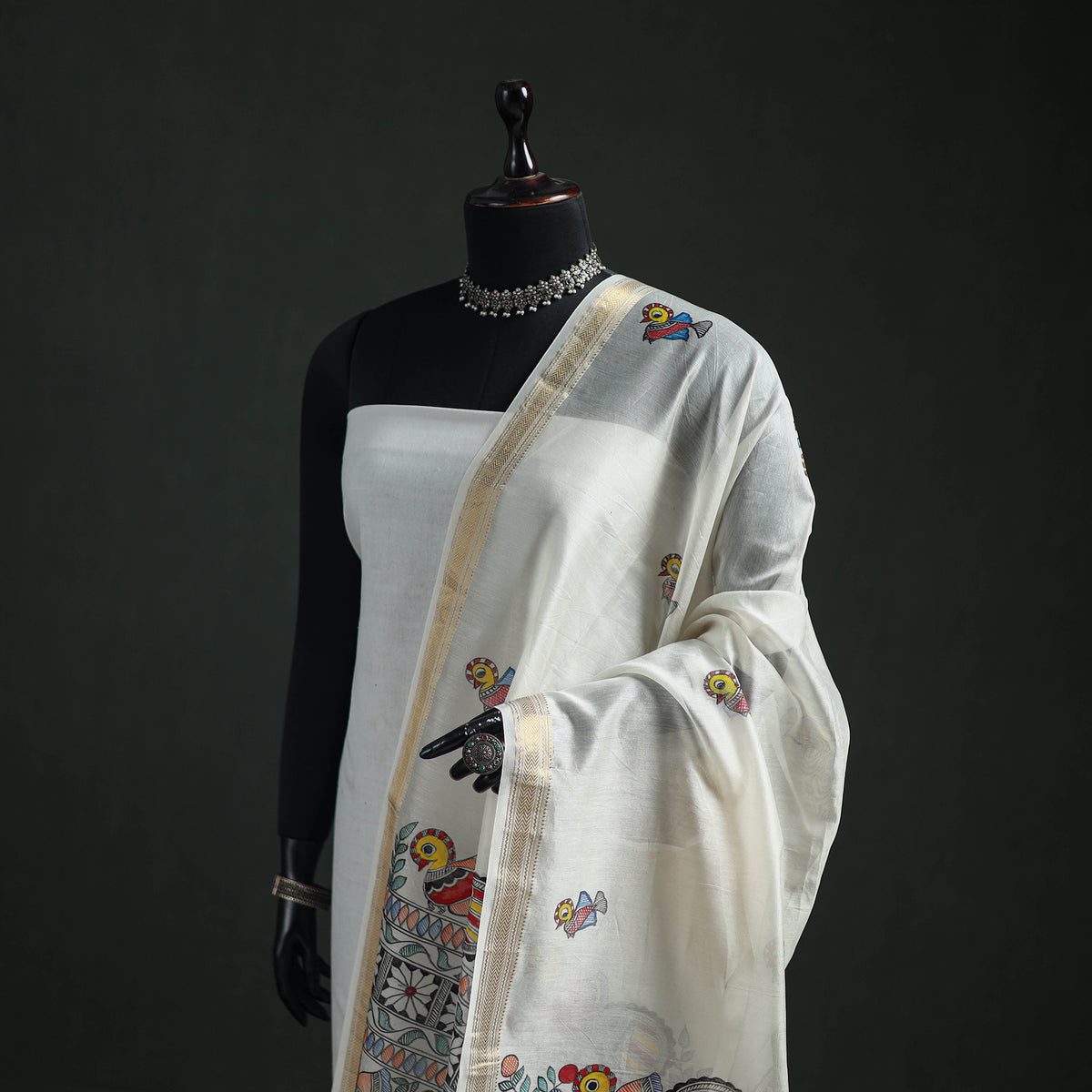Handloom Chanderi Silk Handpainted Madhubani Dupatta with Zari Border 43