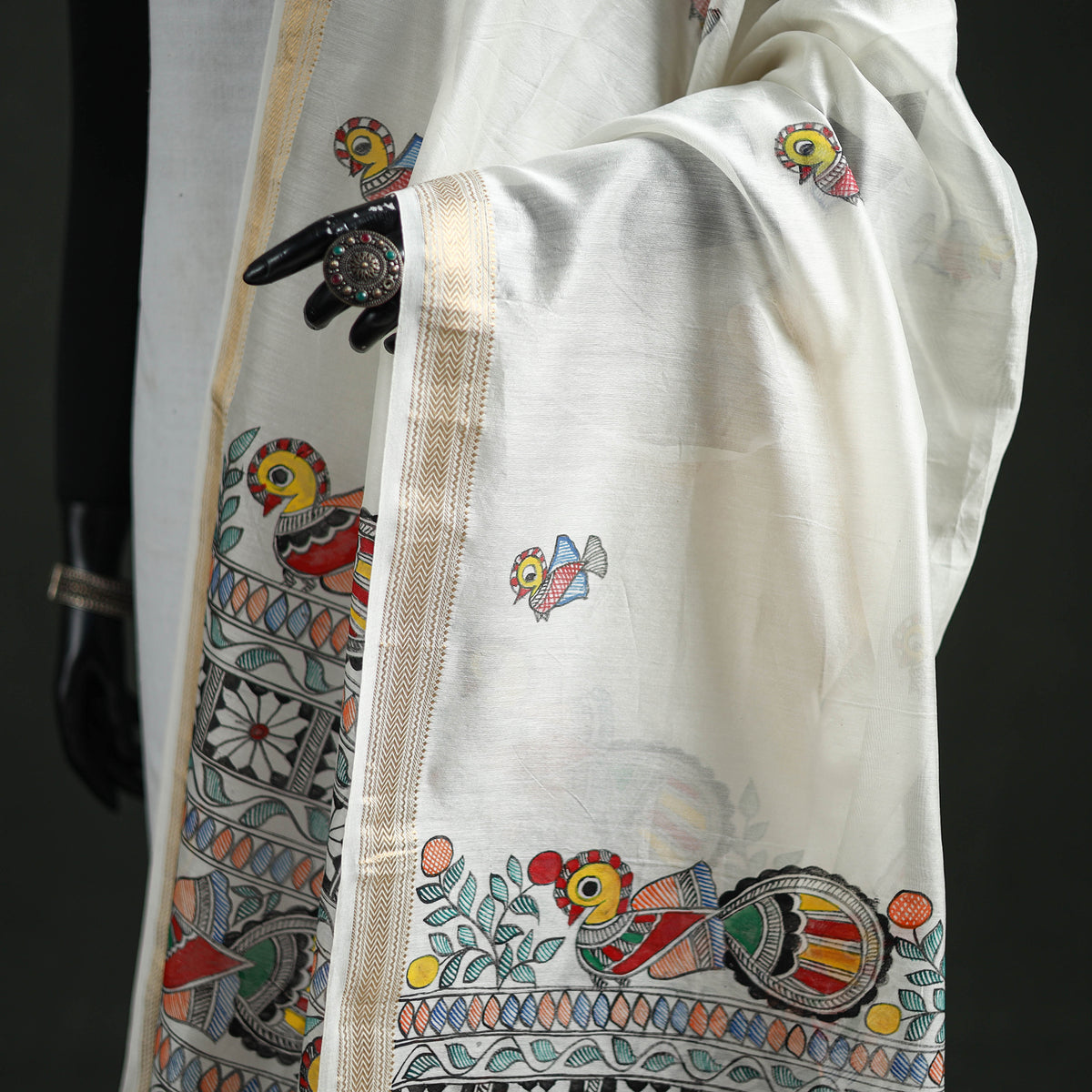 Handloom Chanderi Silk Handpainted Madhubani Dupatta with Zari Border 43