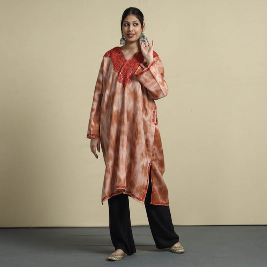 Orange - Shibori Tie-Dye Aari Embroidery Kashmiri Wool Pheran