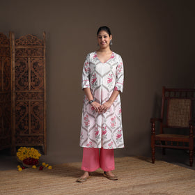 Gota Work Floral Sanganeri Block Print Cotton A-Line Long Kurta for Women 15