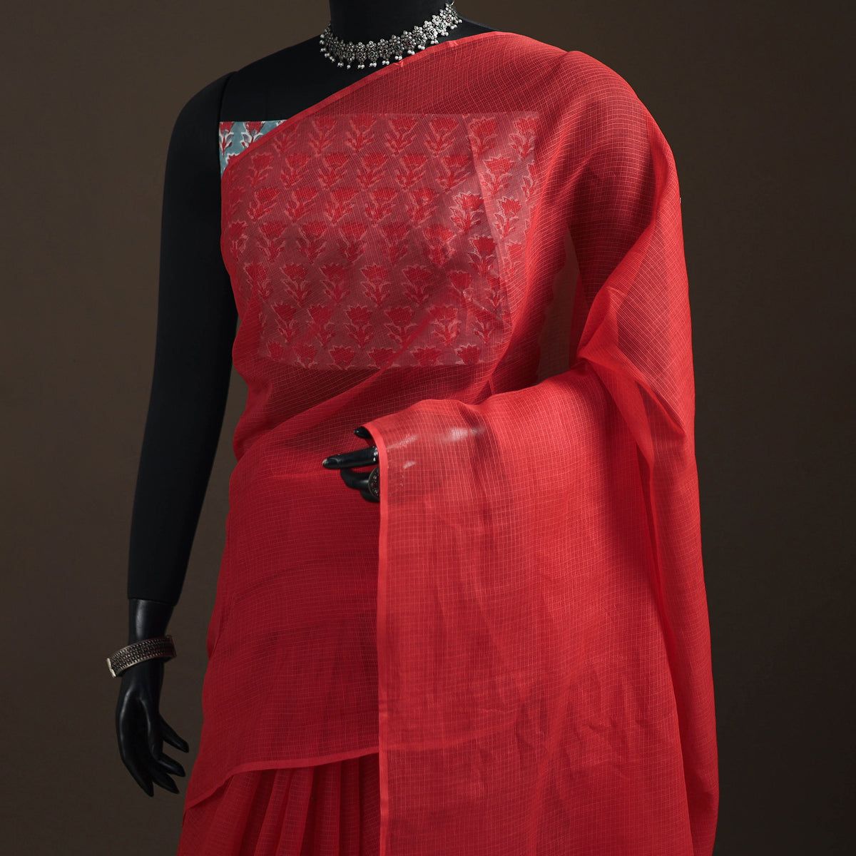 Red - Nazaakat Kota Doria Cotton Plain Saree with Blouse Piece & Earrings 16
