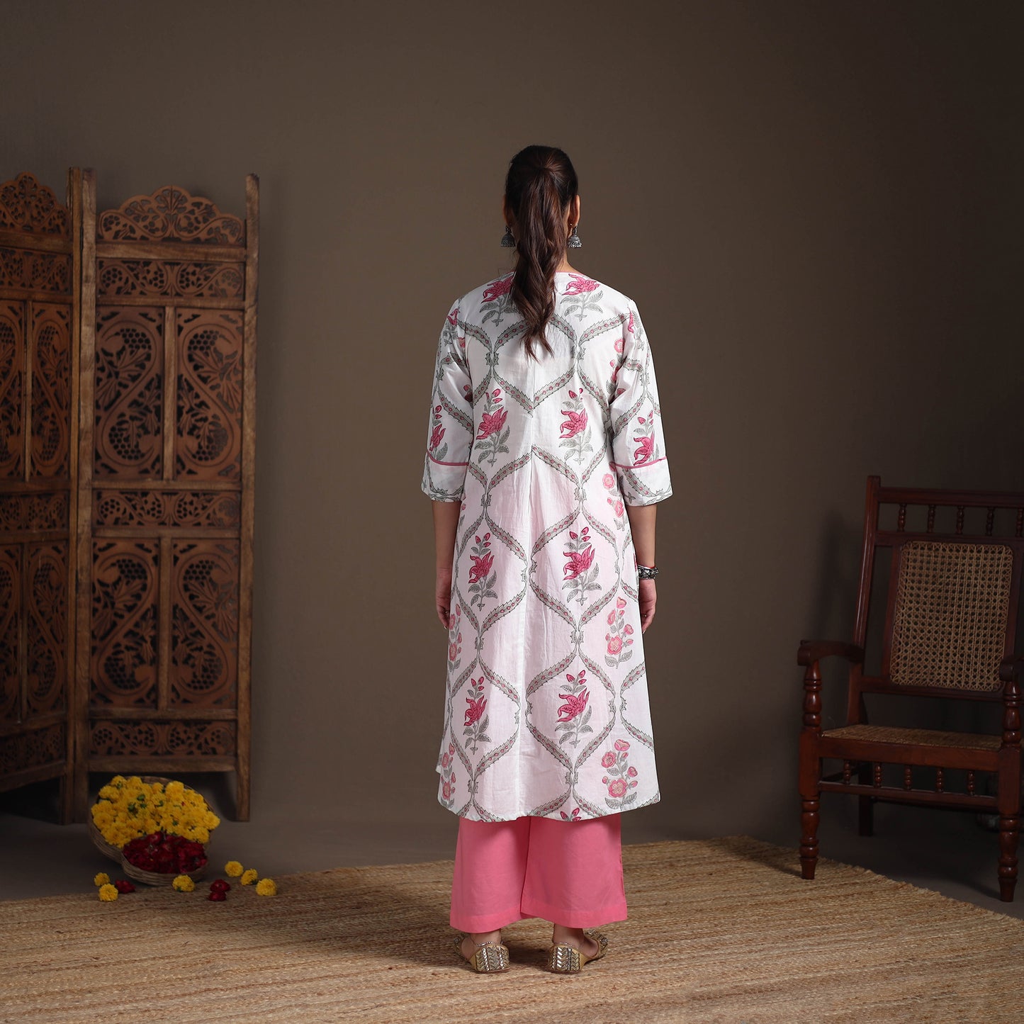 Gota Work Floral Sanganeri Block Print Cotton A-Line Long Kurta for Women 15