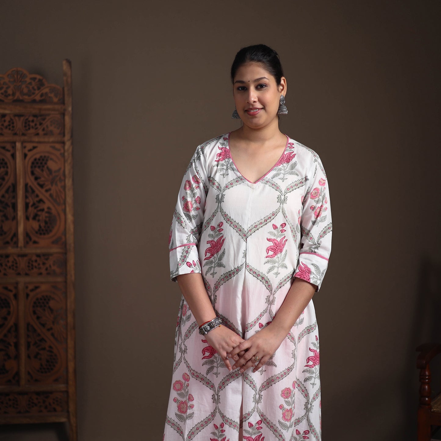 Gota Work Floral Sanganeri Block Print Cotton A-Line Long Kurta for Women 15