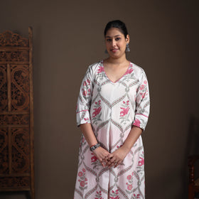 Gota Work Floral Sanganeri Block Print Cotton A-Line Long Kurta for Women 15