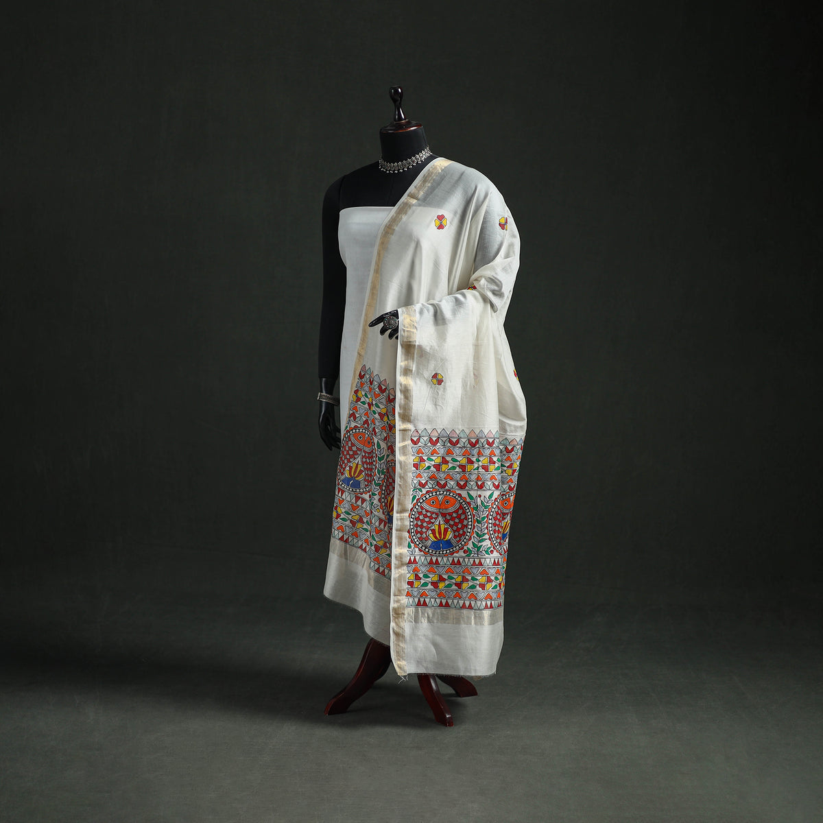 Handloom Chanderi Silk Handpainted Madhubani Dupatta with Zari Border 44